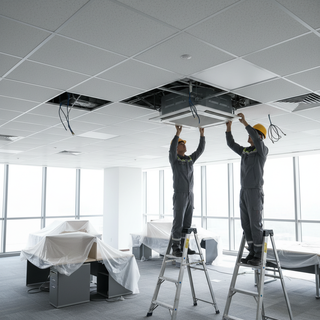 Technicians installing cassette A/C units in an office ceiling