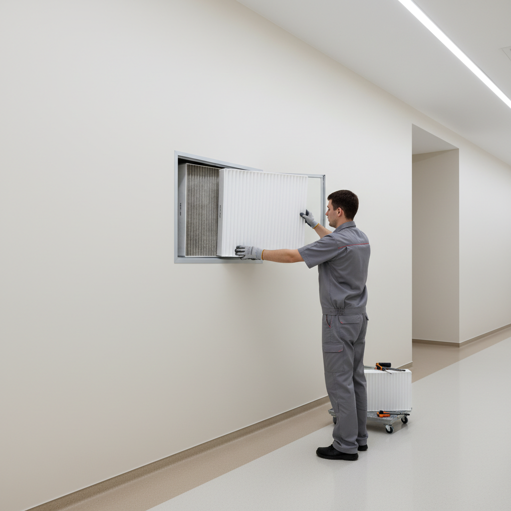 Replacing a high‑efficiency air filter in a bright hallway
