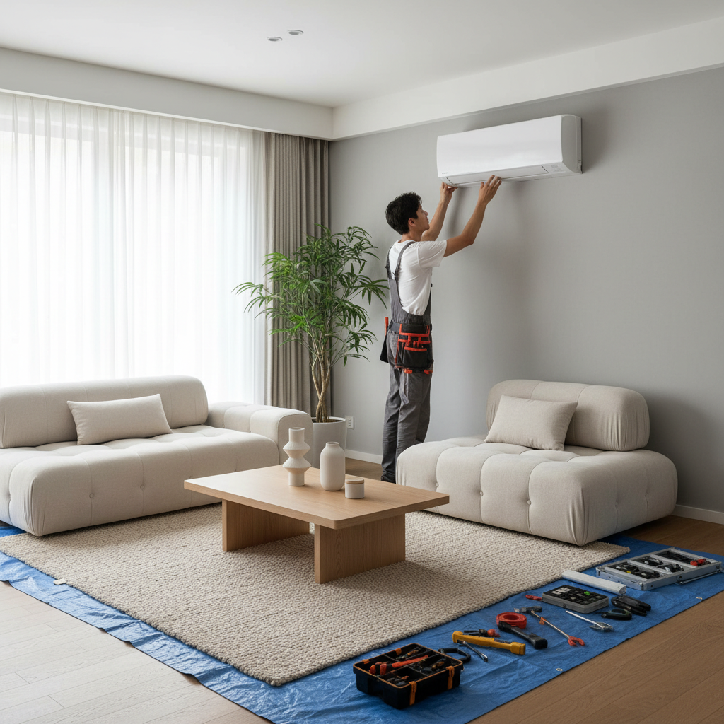 Technician installing an indoor split A/C unit in a living room